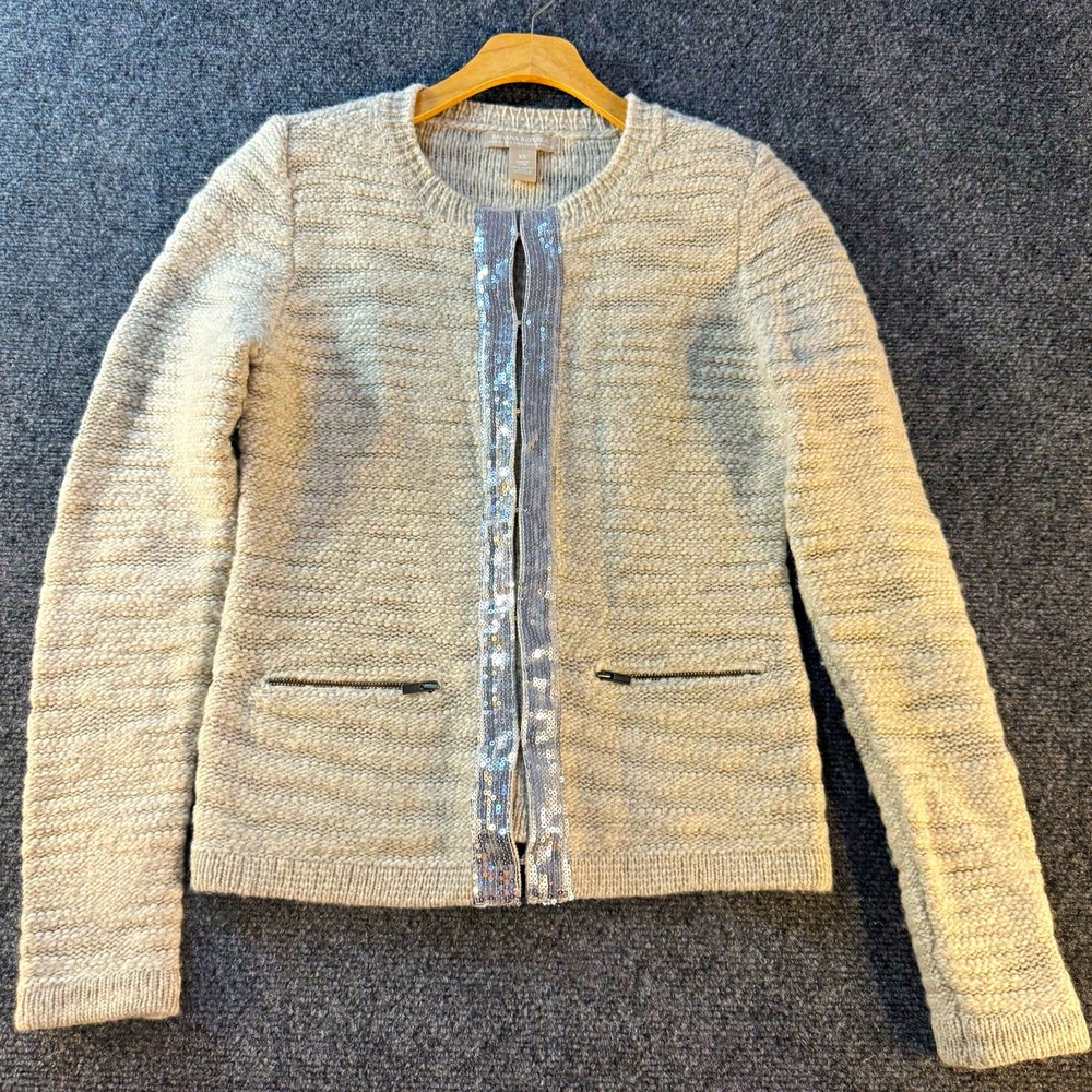 Banana Republic Womens Cardigan Sweater XS Gray Merino Wool Sequin Zipper